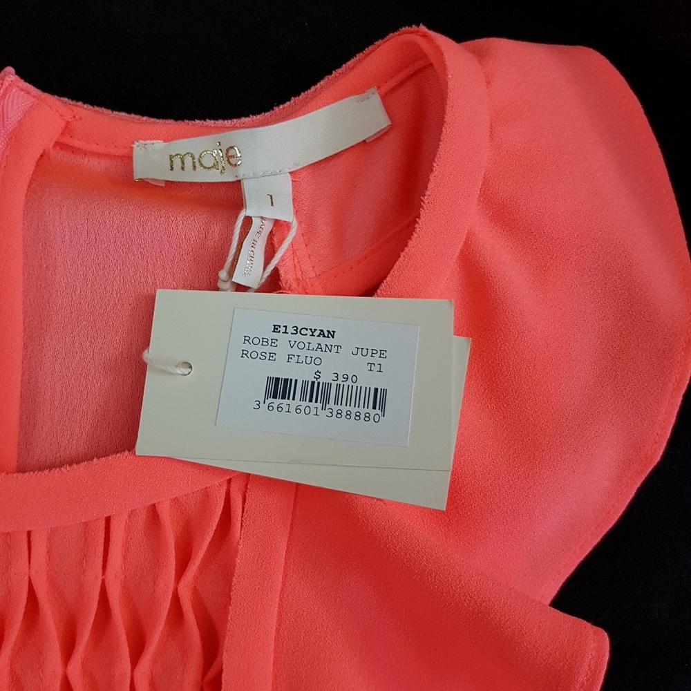 MAJE Ruffle Trimmed Coral Mini Dress, Sz T1 - Picture 6 of 7